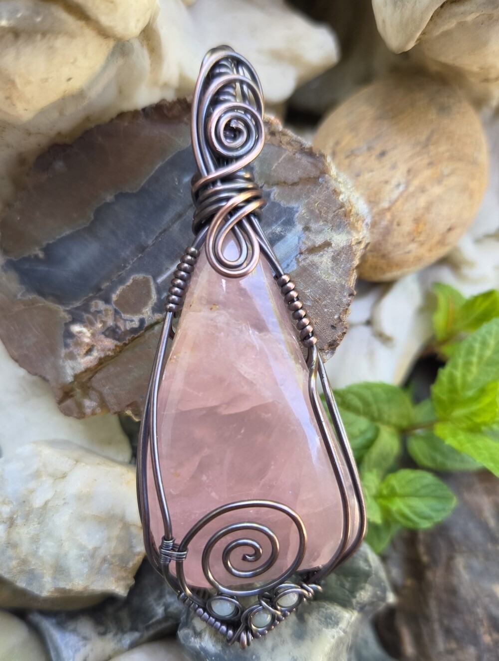 Rose Quartz Wire Wrap Pendant With Amazonite Accents